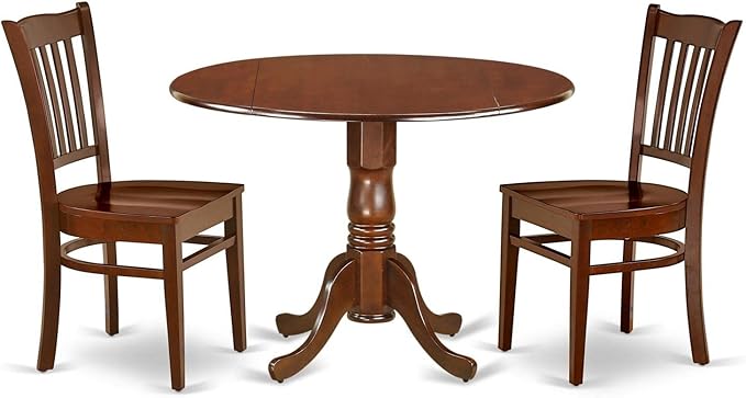 East West Furniture Dublin 3 Piece Room Set Contains a Round Kitchen Table with Dropleaf and 2 Dining Chairs, 42x42 Inch, Mahogany - LeafyLoom