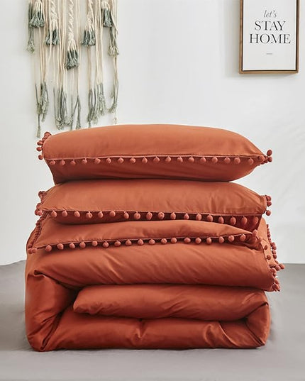 Burnt Orange Comforter Set Queen Size Rust Pom Comforter 3 PCs Burnt Orange Boho Ball Pom Fringe Queen Comforter Bedding Set Women Solid Terracotta Queen Bed Comforter Set All Season Gift - LeafyLoom