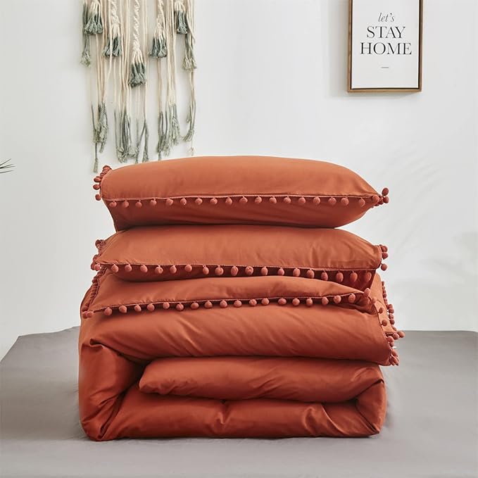 Burnt Orange Comforter Set Queen Size Rust Pom Comforter 3 PCs Burnt Orange Boho Ball Pom Fringe Queen Comforter Bedding Set Women Solid Terracotta Queen Bed Comforter Set All Season Gift - LeafyLoom