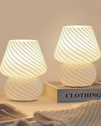 Mushroom Lamps Set of 2 - Small Bedside Table Lamp with Striped Glass, Nightstand Lamp for Bedroom, Living Room, Bulb Included(White) - LeafyLoom