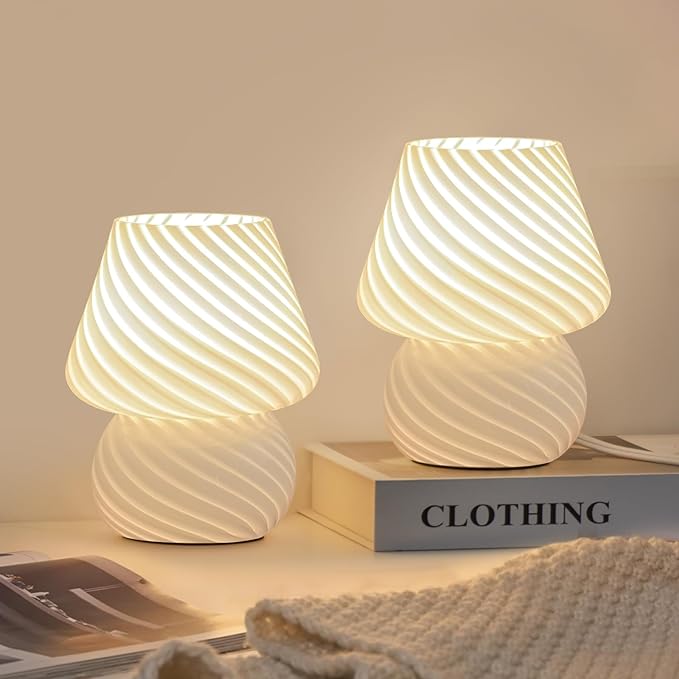 Mushroom Lamps Set of 2 - Small Bedside Table Lamp with Striped Glass, Nightstand Lamp for Bedroom, Living Room, Bulb Included(White) - LeafyLoom