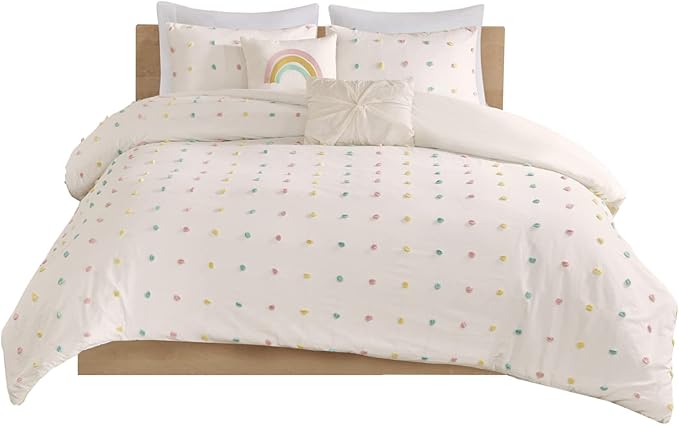 Duvet Cotton Jacquard Weave Colorful Poms Accent, Shabby Chic Cover for Comforter Cozy Bedding Set, Matching Shams, Decorative Pillows, Full/Queen, Multi, Twin/Twin XL, 4 Piece - LeafyLoom
