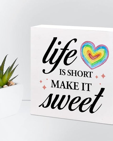 Life Is Short Make It Sweet Sign,Inspirational Quote Wood Box Sign,Motivational Signs Wooden Block Rainbow Decorations for Home Office Shelf Decor - LeafyLoom