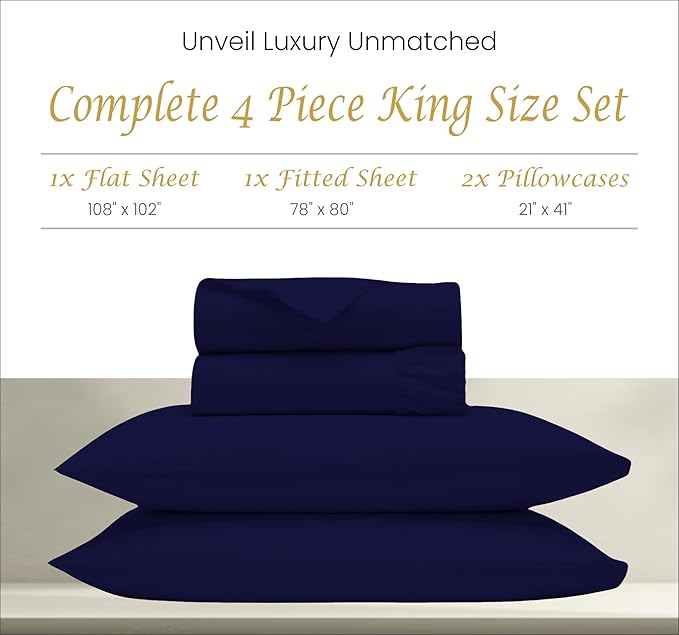 Egyptian Cotton Sheets for King Size Bed, Certified 1000 Thread Count King sheet set, Luxury Cotton King Bed Sheets, King Sheets Deep Pocket - Soft & ultra Smooth Sheets King Size - Navy Blue - LeafyLoom