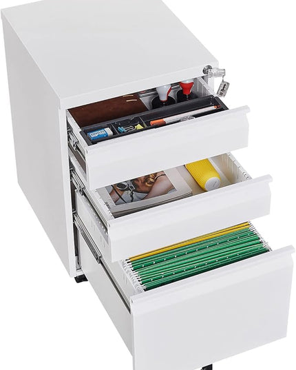 3-Drawer Mobile Lock and 5 Casters,Pre-Assembled Metal Office Storage Filing Cabinets w/ 1 Removable Hanging Rods,for Legal/Letter Size,White - LeafyLoom