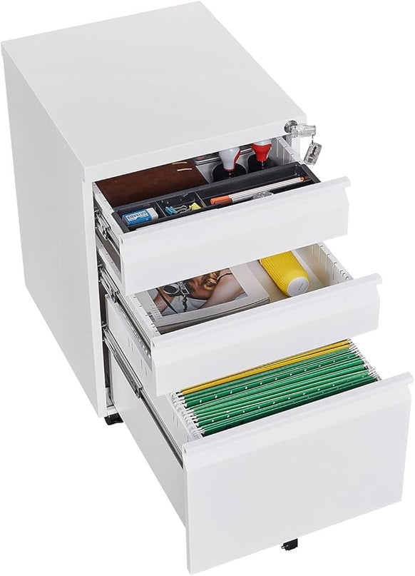 3-Drawer Mobile Lock and 5 Casters,Pre-Assembled Metal Office Storage Filing Cabinets w/ 1 Removable Hanging Rods,for Legal/Letter Size,White - LeafyLoom