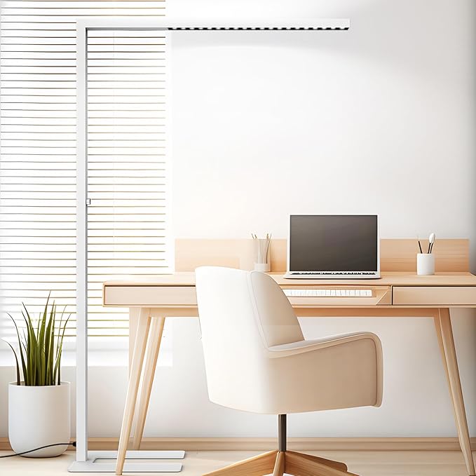STERREN 77" LED Floor Lamp for Office, 7350LM Dimmable Eye-care Standing Piano Lamp,70W Tall Reading Light, 4000K Bright Lighting for Living Room - White - LeafyLoom
