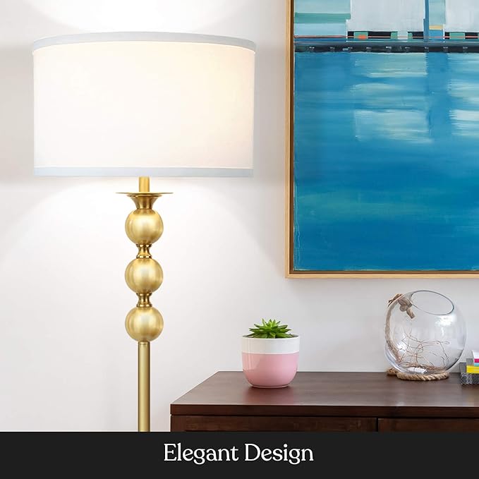 Brightech Riley LED Floor lamp, Boho Lamp for Living Rooms & Offices, Great Living Room Décor, Mid-Century Standing Lamp for Bedroom Reading, Tall Lamp with Drum Shade - Gold/Brass - LeafyLoom