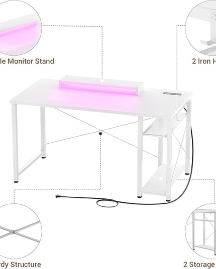 armocity Computer Desk with LED Lights, Gaming Desk with Power Outlet and USB, 40 Reversible Laptop Table with Moveable Monitor Stand, Small Desk for Small Spaces, Office, Gaming Room, White - LeafyLoom