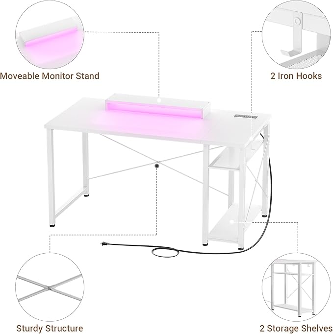 armocity Computer Desk with LED Lights, Gaming Desk with Power Outlet and USB, 40 Reversible Laptop Table with Moveable Monitor Stand, Small Desk for Small Spaces, Office, Gaming Room, White - LeafyLoom