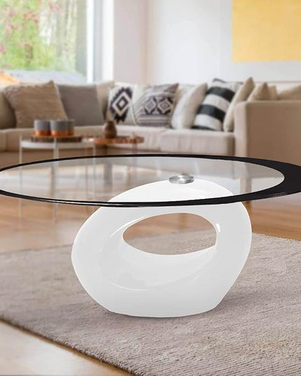 Fab Glass and Mirror CTW-FAB3000 High Gloss Coffee Oval Tempered Glass Top End Side Table, White - LeafyLoom