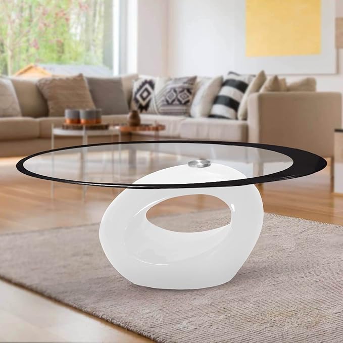 Fab Glass and Mirror CTW-FAB3000 High Gloss Coffee Oval Tempered Glass Top End Side Table, White - LeafyLoom