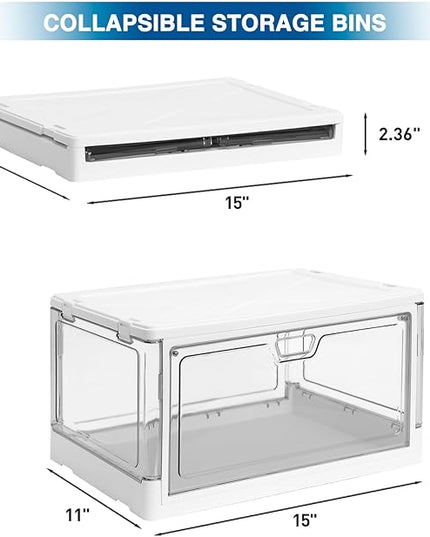 3-Pack Clear Stackable Storage Bins with Lids Magnetic Doors Open Front Foldable Folding Plastic Craft Containers Large Closet Organizers Box for Bedrooms Living Rooms Study Kids' Toys 24 QT - LeafyLoom