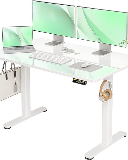 Glass Standing Desk, Electric Standing Desk Adjustable Height, 48 Inch Adjustable Stand Up Desk, Quick Install Home Office Computer Desk, Super White - LeafyLoom