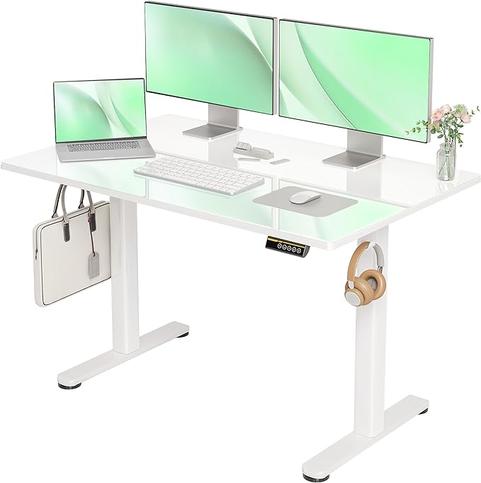 Glass Standing Desk, Electric Standing Desk Adjustable Height, 48 Inch Adjustable Stand Up Desk, Quick Install Home Office Computer Desk, Super White - LeafyLoom