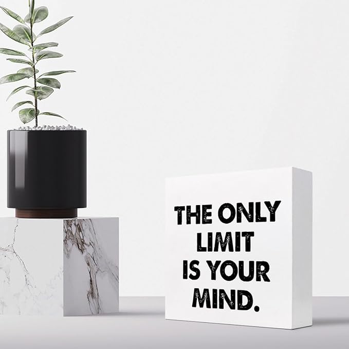 Positive Wood Box Sign Desk Decor,The Only Limit is Your Mind Wood Plaque Signs,Rustic Inspirational Wooden Block Sign Decor for Office Workplace Classroom Shelf Table Decoration C1079 - LeafyLoom