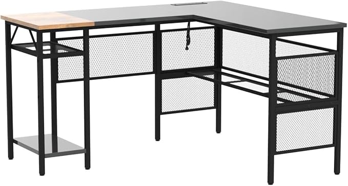 Unikito L Shaped Desk with USB Charging Port and Power Outlet, Reversible Corner Computer Desk with Storage Shelves, Industrial 2 Person Long Gaming Table Modern Home Office Desk, Black - LeafyLoom