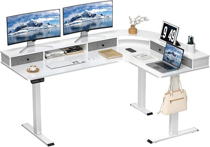 L Shape Standing Desk, 67 * 48 Inches Adjustable Height Standing Desk with 4 Drawers, Corner Electric Standing Desk with Monitor Stand for Home Office, Snow White - LeafyLoom