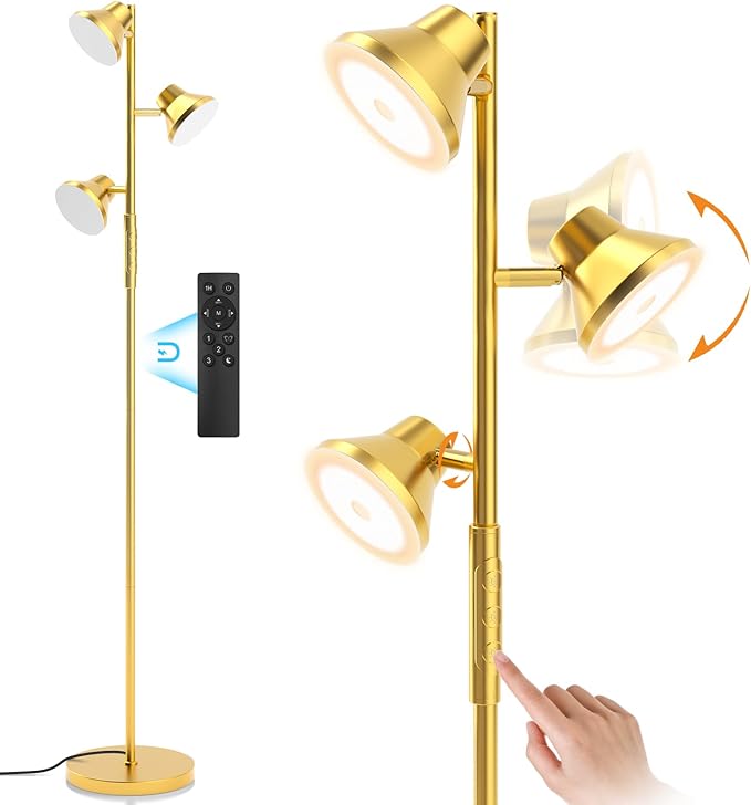 Gold Floor Lamp, 36W Modern LED Floor Lamp with Remote & Touch Control, 4 Color Temperatures, 3 Rotatable Lights, Floor Lamps for Living Room Bright Lighting, Bedroom, Office - LeafyLoom