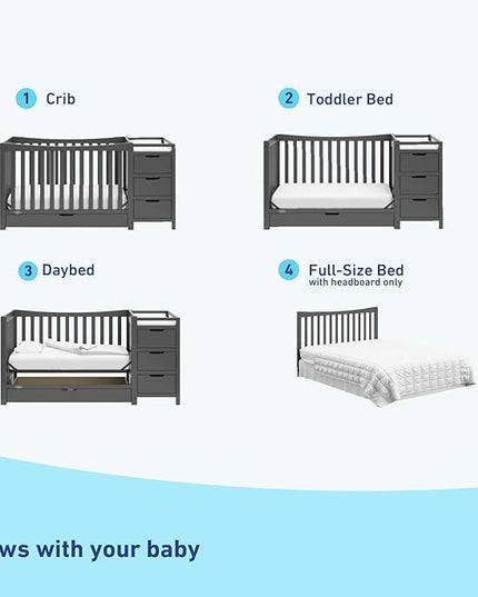 Graco Remi 4-in-1 Convertible Crib & Changer with Drawer (Gray) – GREENGUARD Gold Certified, Crib and Changing -Table Combo, Includes Changing Pad, Converts to Toddler Bed, Daybed and Full-Size Bed - LeafyLoom