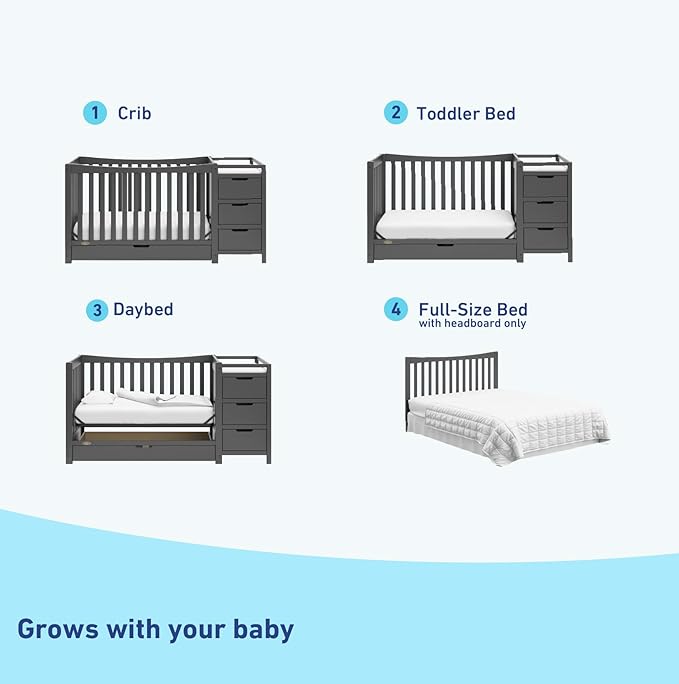 Graco Remi 4-in-1 Convertible Crib & Changer with Drawer (Gray) – GREENGUARD Gold Certified, Crib and Changing -Table Combo, Includes Changing Pad, Converts to Toddler Bed, Daybed and Full-Size Bed - LeafyLoom