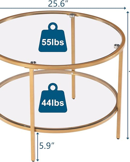 VINGLI 25.6" Round Gold Coffee Tables for Living Room, 2-Tier Glass Top Coffee Table with Storage Clear Coffee , Simple & Modern Center Table for Small Space - LeafyLoom