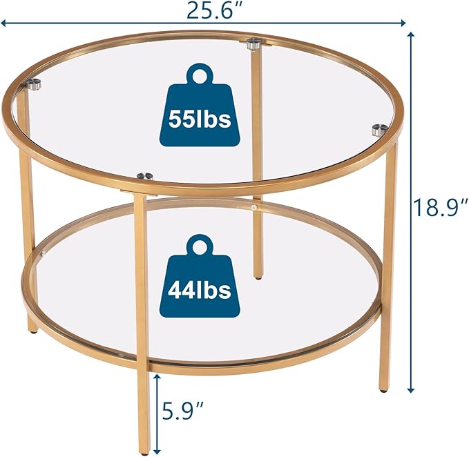 VINGLI 25.6" Round Gold Coffee Tables for Living Room, 2-Tier Glass Top Coffee Table with Storage Clear Coffee , Simple & Modern Center Table for Small Space - LeafyLoom