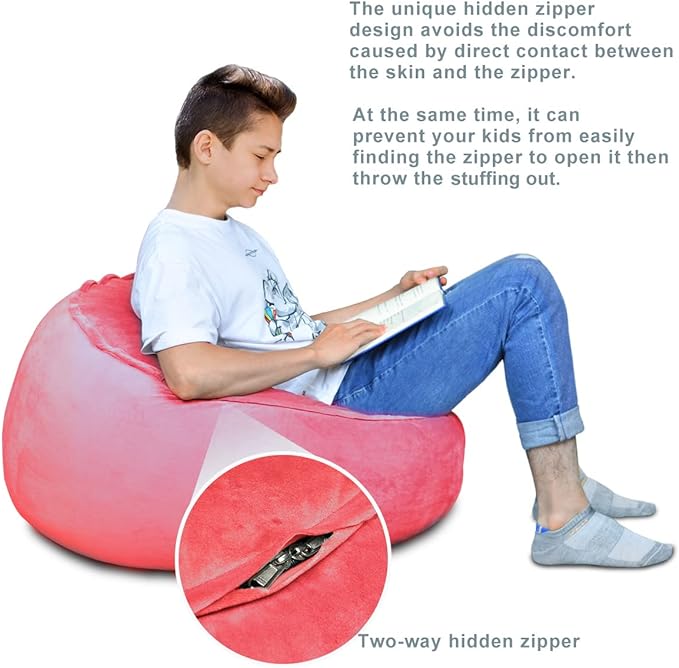 Bean Bag Chair Cover, Stuffed Animal Storage, Plush Toys Organizer Holder, Beanbag Chairs Cover for Kids Teans and Adults Super Soft and Comfortable Fabric X-Large with Handle and Zipper -Round Pink - LeafyLoom