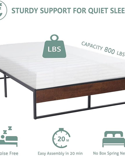 SHA CERLIN 14'' Twin Size Metal Platform Bed Frame with Rustic Wood & Reverse Holes/Ample Under-Bed Storage Space/Mattress Foundation/No Box Spring Needed/Easy Assembly - LeafyLoom