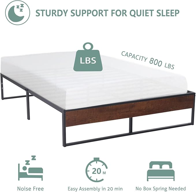 SHA CERLIN 14'' Twin Size Metal Platform Bed Frame with Rustic Wood & Reverse Holes/Ample Under-Bed Storage Space/Mattress Foundation/No Box Spring Needed/Easy Assembly - LeafyLoom