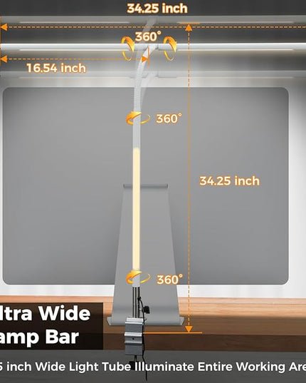 360°Rotatable Led Desk Lamp with Clamp, 34.25” Architect Desk Lamps for Home Office, 5 Color Modes with 3 Detachable Light Tubes, Gooseneck Desk Lights for Workbench, Monitor, Study (White) - LeafyLoom