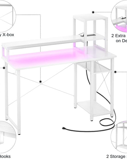 armocity 2024 Upgrade Gaming Desk with LED Lights, Small Computer Desk with Long Monitor Stand, 40'' Reversible Laptop Table with Storage Shelves, Small Desk for Small Spaces, Gaming Room, White - LeafyLoom