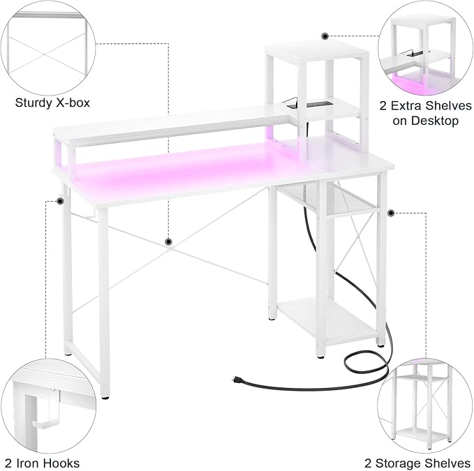 armocity 2024 Upgrade Gaming Desk with LED Lights, Small Computer Desk with Long Monitor Stand, 40'' Reversible Laptop Table with Storage Shelves, Small Desk for Small Spaces, Gaming Room, White - LeafyLoom