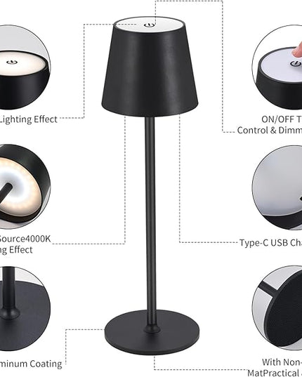 Cordless Table Lamps USB Rechargeable Lamp Simplicity Desk Lamp Built-in 4600 mAh Battery LED Battery Operated lamp with Touch Control Table lamp - Bedroom/Desk/Reading/Patio(2Pcs-Black) - LeafyLoom
