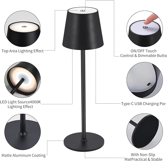 Cordless Table Lamps USB Rechargeable Simplicity Desk Lamp Built-in 4600 mAh Battery LED Battery Operated lamp with Touch Control Table lamp - Bedroom/Desk/Reading/Patio(Black) - LeafyLoom