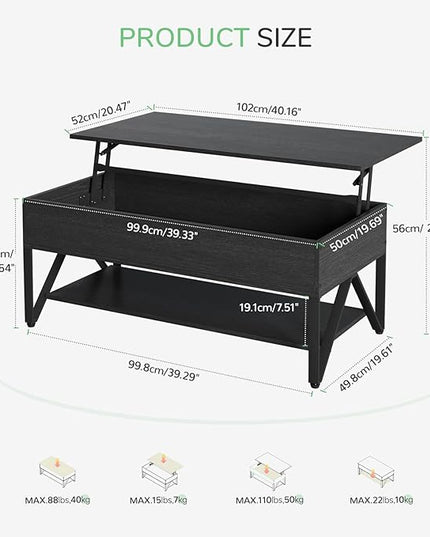 Novilla Lift Top Coffee Table with Storage 40 Inch Wood Lift Up Center Table for Living Room Tea Table with Hidden Compartment Rising Tabletop Table Cocktail Table, Black - LeafyLoom