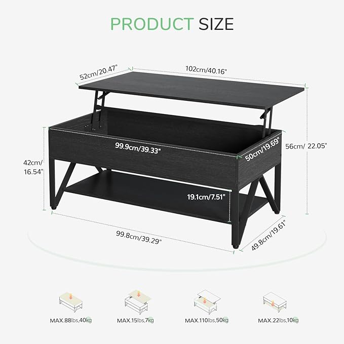 Novilla Lift Top Coffee Table with Storage 40 Inch Wood Lift Up Center Table for Living Room Tea Table with Hidden Compartment Rising Tabletop Table Cocktail Table, Black - LeafyLoom