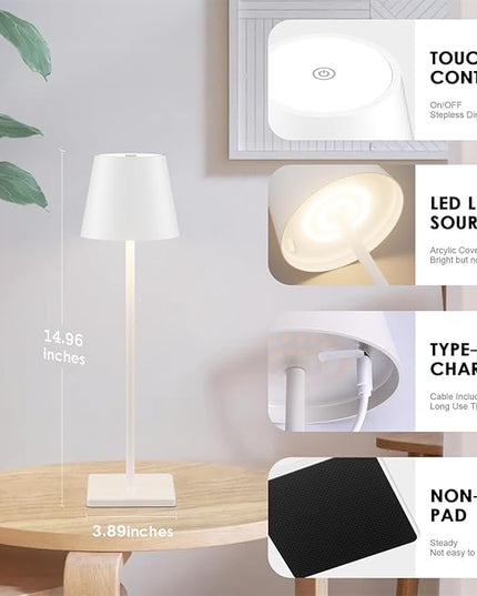 2-Pack Rechargeable Table Lamps, LED Cordless Table Lamp, 3W 5500mAh Battery Operated Table Light, Stepless Dimming Portable Table Light Waterproof for Restaurant/Indoor/Outdoor (White) - LeafyLoom