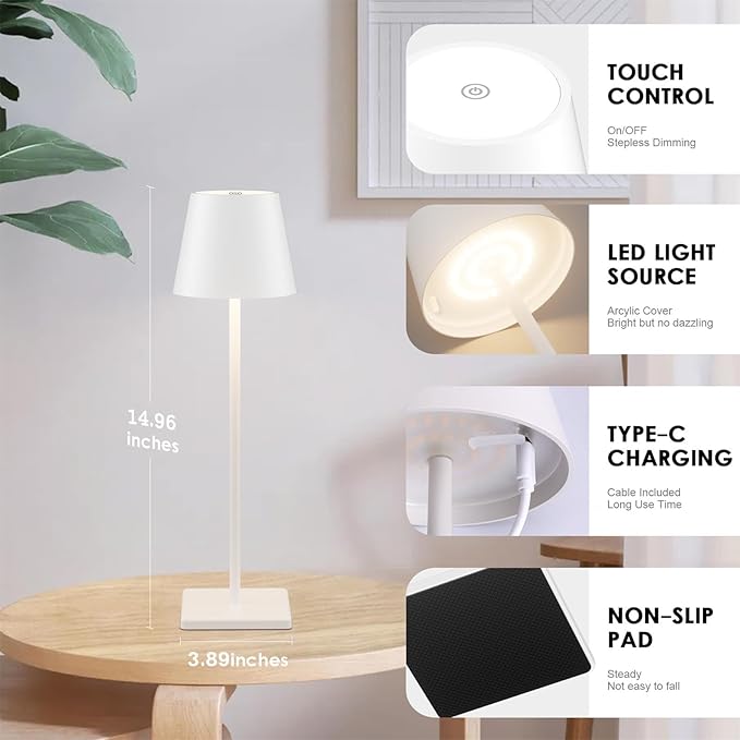 2-Pack Rechargeable Table Lamps, LED Cordless Table Lamp, 3W 5500mAh Battery Operated Table Light, Stepless Dimming Portable Table Light Waterproof for Restaurant/Indoor/Outdoor (White) - LeafyLoom