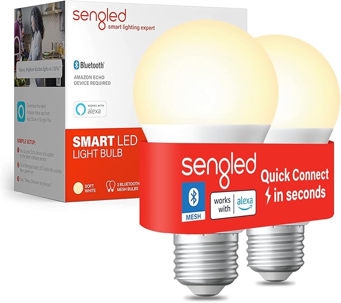 Sengled Alexa Light Bulb, S1 Auto Pairing with Alexa Devices, Warm Light Bulbs, Smart Light Bulbs that Work with Alexa, Bluetooth Mesh Smart Home Lighting, E26 60W Equivalent, 800LM, 2-Pack Sengled