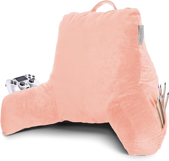 Clara Clark Reading Pillow, Standard Back Pillow for Sitting Up in Bed, Memory Foam Back Support Pillow, Reading Pillows for Sitting in Bed, Peach Sit Up Pillow for Bed Chair Arm Pillow with Pockets - LeafyLoom