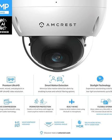 Amcrest 5MP POE Camera, Outdoor Vandal Dome Security POE IP Camera, 5-Megapixel, 98ft NightVision, 2.8mm Lens, IP67, IK10 Resistance, MicroSD 256GB (Sold Separately), Cloud, NVR (IP5M-D1188EW-AI-V3) Amcrest