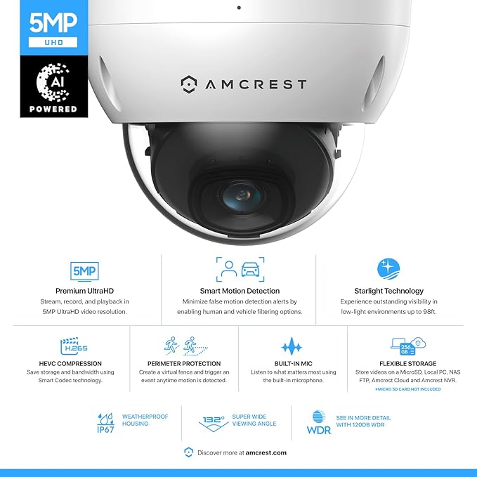 Amcrest 5MP POE Camera, Outdoor Vandal Dome Security POE IP Camera, 5-Megapixel, 98ft NightVision, 2.8mm Lens, IP67, IK10 Resistance, MicroSD 256GB (Sold Separately), Cloud, NVR (IP5M-D1188EW-AI-V3) Amcrest