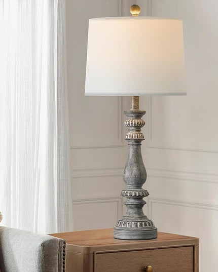BOBOMOMO 27.75" USB Table Lamp Set of 2 Antique Retro Nightstand Lamp for Bedroom Living Room Office Resin Classic Bedside Desk Lamps with White Fabric Shade - LeafyLoom
