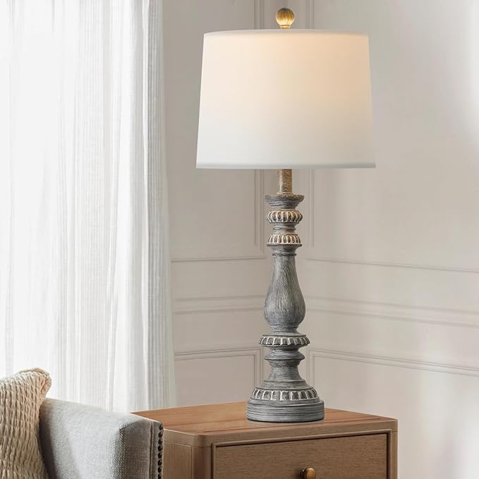 BOBOMOMO 27.75" USB Table Lamp Set of 2 Antique Retro Nightstand Lamp for Bedroom Living Room Office Resin Classic Bedside Desk Lamps with White Fabric Shade - LeafyLoom