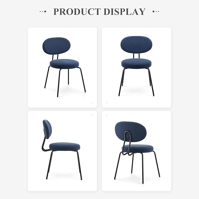 COLAMY Modern Fabric Dining Chairs Set of 6, Mid Centry Upholstered Dining Room Kitchen Chairs with Curved Backrest, Round Seat, Black Metal Legs, Blue - LeafyLoom