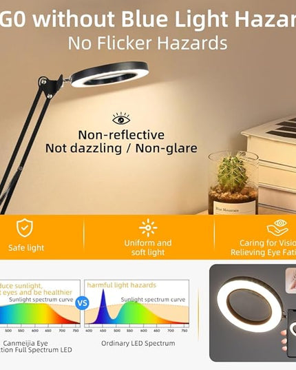 CANMEIJIA 10X Magnifying Glass with Light and Stand,5 Color Modes Stepless Dimmable Clamp on Desk Lamp,2-in-1 Hands-Free Magnifier Lamp for Craft,Painting,Soldering,Hobby,Sewing,Close Work,Reading - LeafyLoom