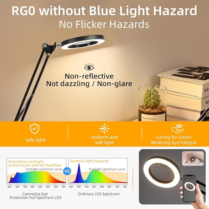 CANMEIJIA 10X Magnifying Glass with Light and Stand,5 Color Modes Stepless Dimmable Clamp on Desk Lamp,2-in-1 Hands-Free Magnifier Lamp for Craft,Painting,Soldering,Hobby,Sewing,Close Work,Reading - LeafyLoom