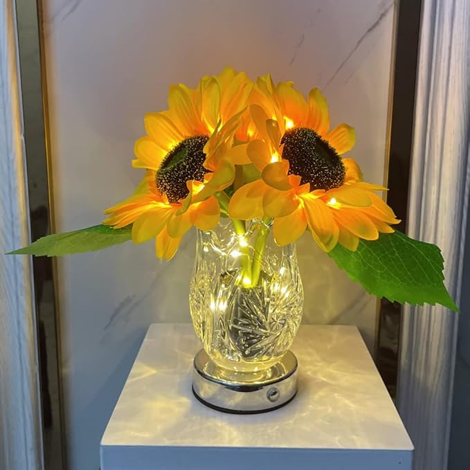 Sunflower Lamp Artificial LED Sunflower Flowers with Glass Vase Table Lamp Night Light for Home Office Decor House Decorations Gift Idea - Rechargeable (3Sunflower) - LeafyLoom