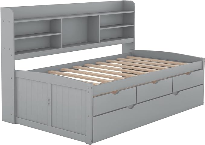 Twin Size Captain Bed with 3 Storage Drawers and Trundle, Wood Twin Bed Frame with Built-in Bookshelves for Kids Teens Adults, Light Gray - LeafyLoom